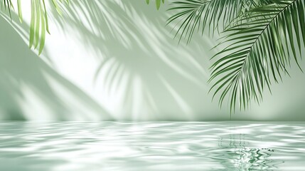 Summer Background Water Surface Texture on Green Wall Studio with Light Shadow Palm LeavesBackdrop Podium Display and water floating sun reflectionConcept Spring cosmetic or Spa Produc : Generative AI