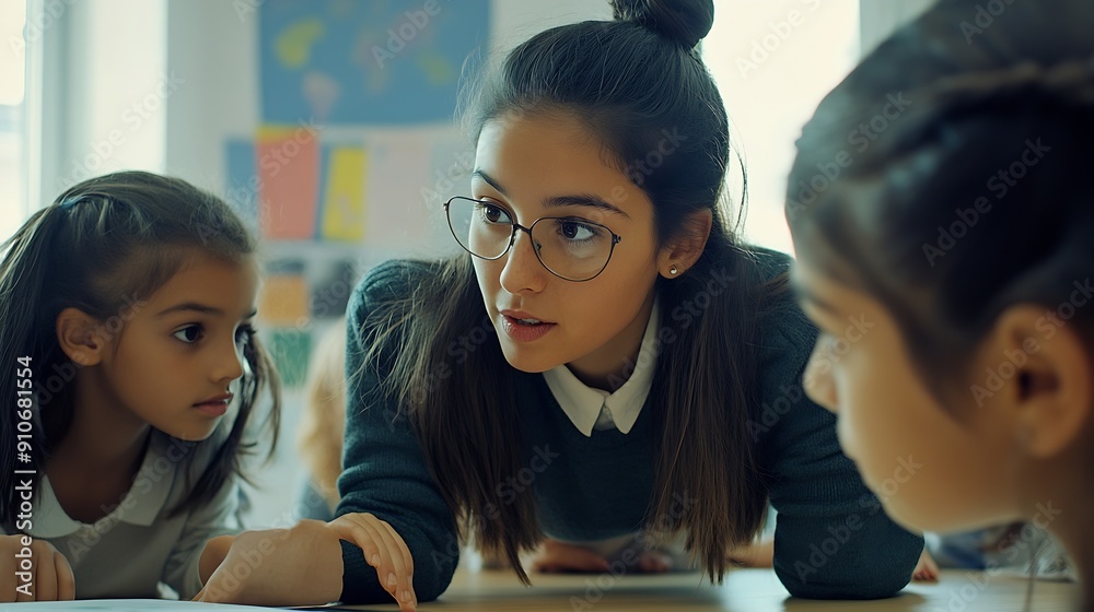 Poster teacher engages in teamwork in the school classroom providing assistance to a schoolgirl during the 