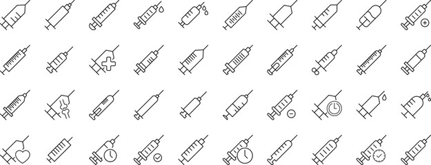 Collection of Icons of syringe as symbol of hospital, doctor and healthcare concept. Suitable for books, stores, shops. Editable stroke in minimalistic outline style. Symbol for design