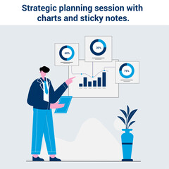 Strategic planning session with charts and sticky notes illustration