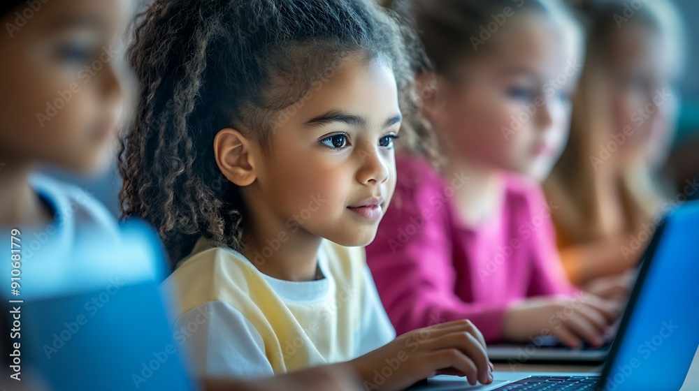 Poster Group of TechSavvy Primary School Children Working on Their Laptop and Tablet Computers in Class Young Female Teacher Educating Kids on Internet Safety Basic Programming Languages and  : Generative AI