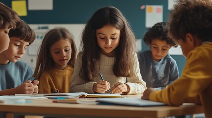 Group of elementary school students completes task together with young female teacher Schoolchildren stand at one desk and write in their notebooks while listening to teachers prompts : Generative AI