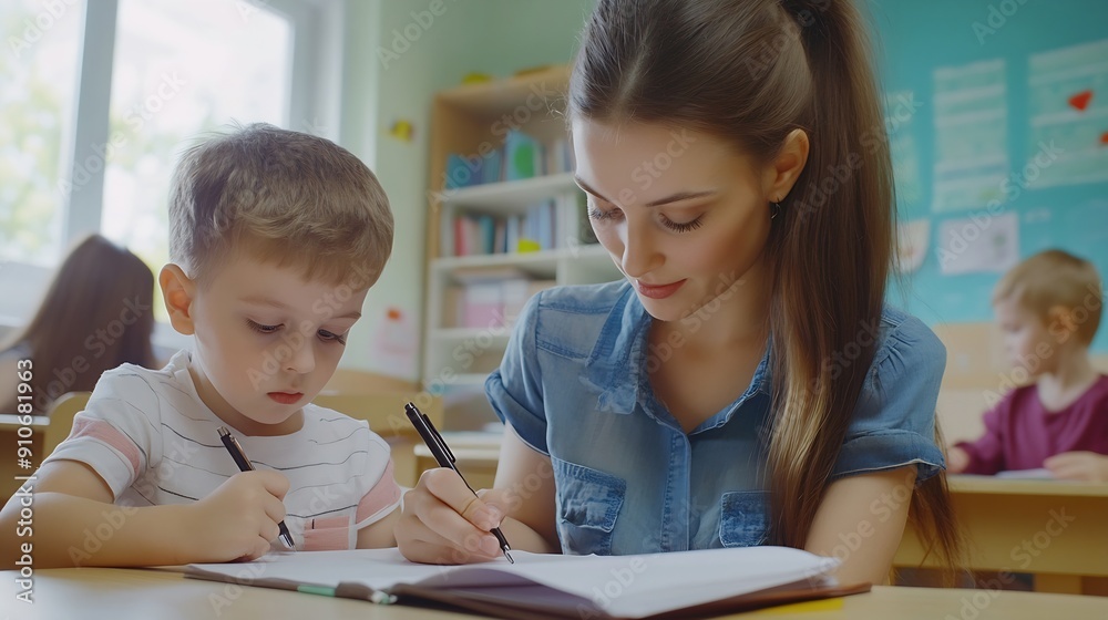 Aufkleber Teacher woman and help child writing in notebook for education study or knowledge in class Kid happy educator and student learning in lesson for development or assistance at kindergart : Generative AI