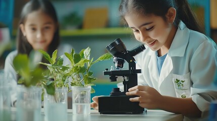 Students teacher and school with microscope for plants on education science and environmental awareness Children people and happy in classroom for crop experiment research and knowledg : Generative AI