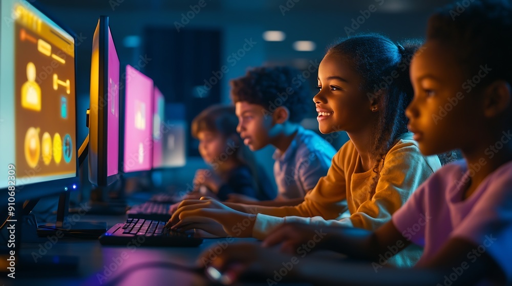 Poster elementary school children learning basic computer knowledge teacher educating smart diverse kids in