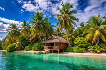 Fototapeta premium Serenity found: A picturesque beachside bungalow stands tranquil beneath a swaying coconut tree, offering a peaceful retreat amidst turquoise waters and lush tropical greenery.