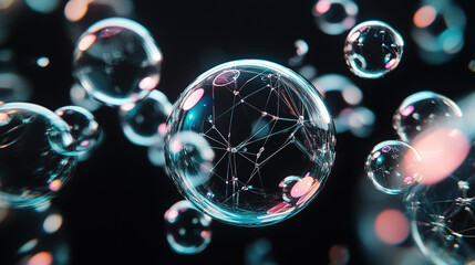 Close-up of a molecular structure with connecting lines, illuminated on a dark background, representing scientific and technological concepts