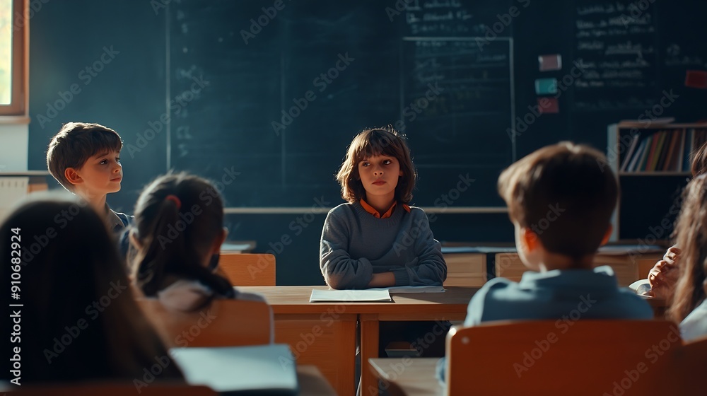 Poster Teacher and students Learn and study in a classroom of school where youngsters sit and listen attentively : Generative AI