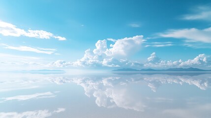 Beautiful mirror reflection on blue sky and cloud on Bolivias Salt Flats Shot in Salar de Uyuni salt flat Water reflection of clouds and empty space Holiday vacation freedom scene with : Generative AI