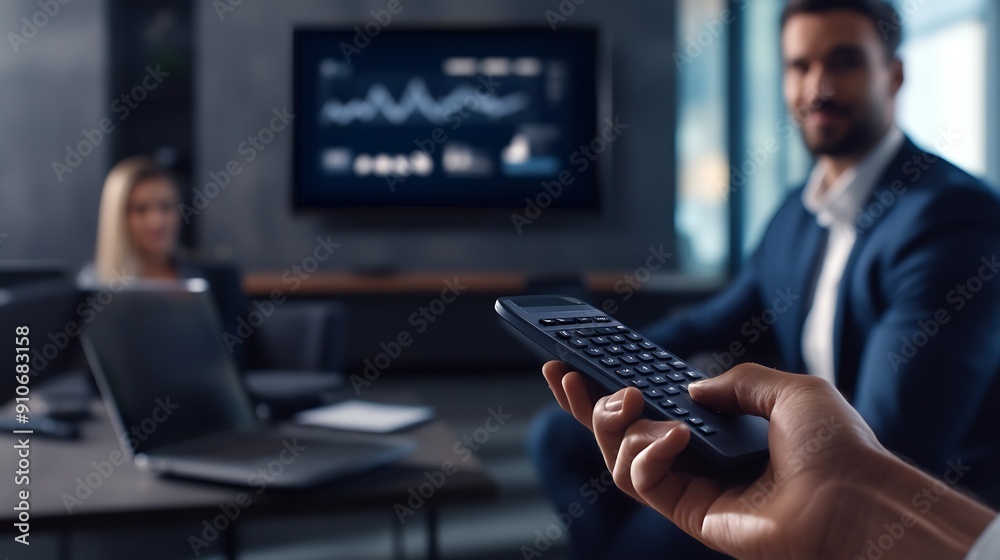 Aufkleber Businessman hand hold remote control slide with mock up chart slide show presentation on display laptop and television in meeting room : Generative AI
