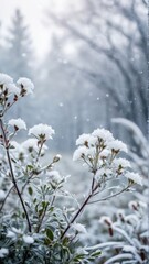 a snow covered plant with trees in the background
