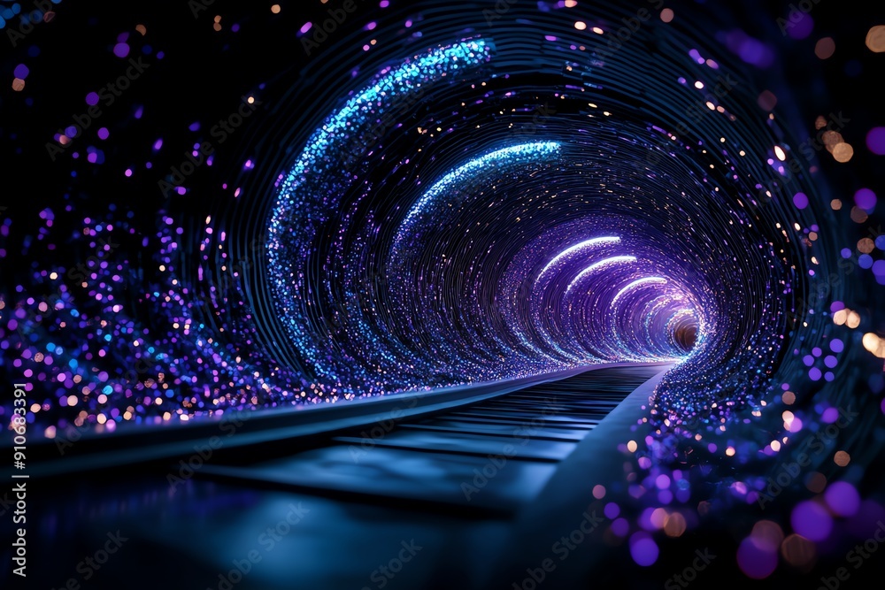 Poster Futuristic neon lit tunnel with colorful light trails along railway track, creating a mesmerizing and abstract visual effect.