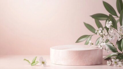 light pink marble stone podium stand for cosmetics and product display on abstract pastel background with flowers and green leaves : Generative AI