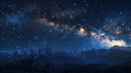 A breathtaking view of the starry night sky with the Milky Way galaxy visible above mountain peaks, showcasing the beauty of the universe.