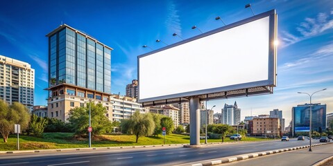 Obraz premium Empty billboard with clear blue sky background, perfect for commercial ads, located on a busy street in the city, ready for customization and messaging.