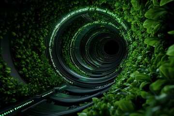 Illustrate a green abstract tunnel where the influence of evolution drives technological innovation, portraying a journey towards eco-friendly technological breakthroughs