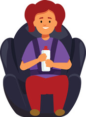 Young child is smiling while sitting in their car seat holding a bottle