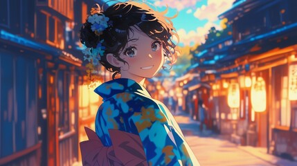 Fototapeta premium 浴衣を着た少女、古民家の街並み23