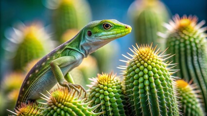 Fototapeta premium A delicate green lizard perches on a cactus spine, symbolizing the fragile balance between species survival and habitat destruction in arid ecosystems.