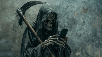 Obraz premium scary grim reaper holding a scythe and a mobile phone in his hands with a background of darkness