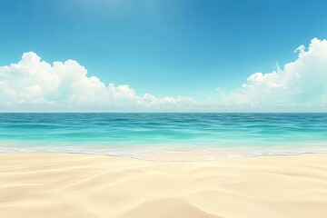 Fototapeta premium Sandy Beach and Turquoise Ocean Under a Blue Sky with White Clouds