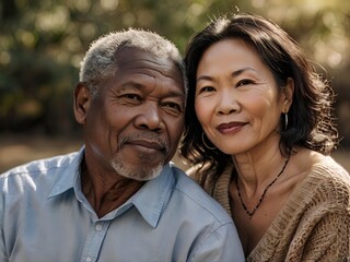 Fototapeta premium Portrait of a couple of black man from Africa and white woman from Asia, individuals of different races