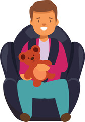 Young boy is happily holding his teddy bear while sitting in a car seat