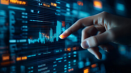 Obraz premium A close-up of a hand interacting with a digital interface, showcasing data analysis and technology in action.