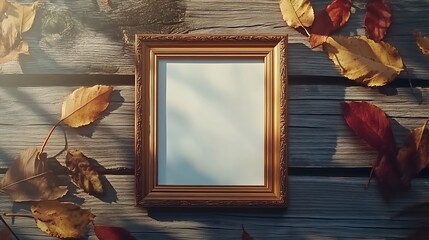 Gold photo frame on wooden background with autumn leaves mock up : Generative AI