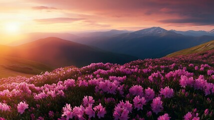 Attractive field of flowering rhododendrons at sunset Location place Carpathian mountains National Park Chornohora range Ukraine Europe Awesome photo wallpaper Discover the beauty of e : Generative AI