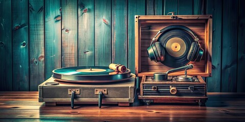 Lofi hip hop boom bap album cover featuring vintage record player with headphones and vinyl records, lofi