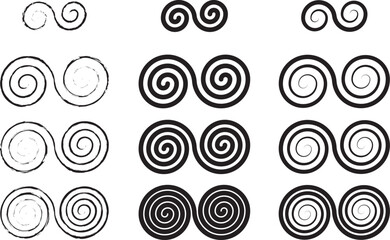 Four interlocked double spirals in three styles. Connected spiral symbols for balance. Painted style and tapered stroke vectors on isolated background.