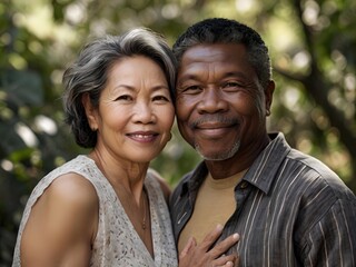 Fototapeta premium Portrait of a couple of black man from Africa and white woman from Asia, individuals of different races