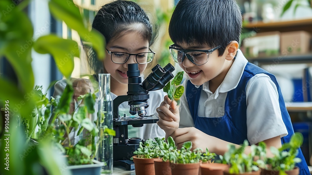 Poster students teacher and school with microscope for plants on education science and environmental awaren