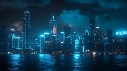 Obraz premium Beautiful light trials effect on Hong Kong skyscape at night : Generative AI