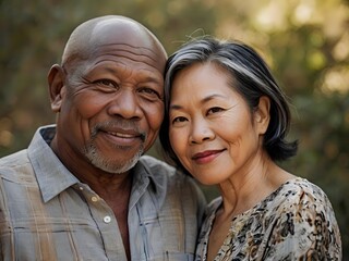 Portrait of a couple of black man from Africa and white woman from Asia, individuals of different races