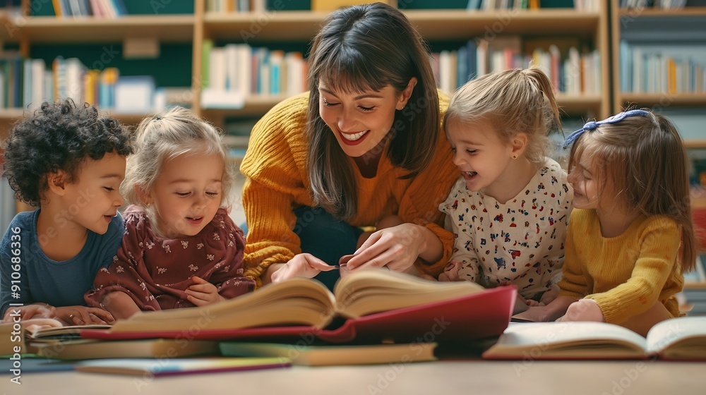 Aufkleber library kids and teacher reading book education and learning with knowledge storytelling and kinderg