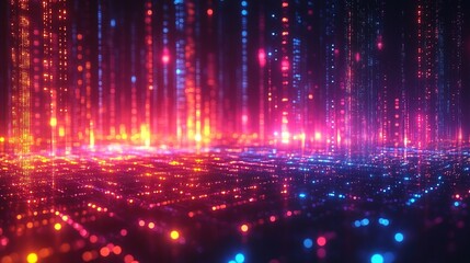 Abstract digital landscape with glowing pink and blue lines, generative ai