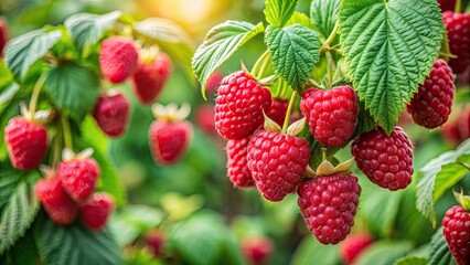 Close-up of red raspberries with green leaves in an organic garden, raspberries, red, close-up, organic, garden, fruit
