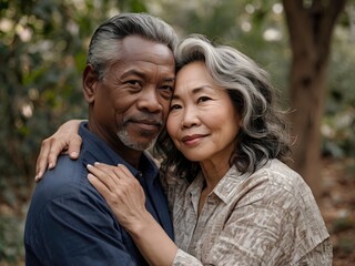 Obraz premium Portrait of a couple of black man from Africa and white woman from Asia, individuals of different races