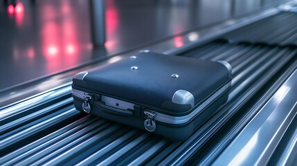 Wheeled suitcase on a luggage belt at the airport terminal : Generative AI