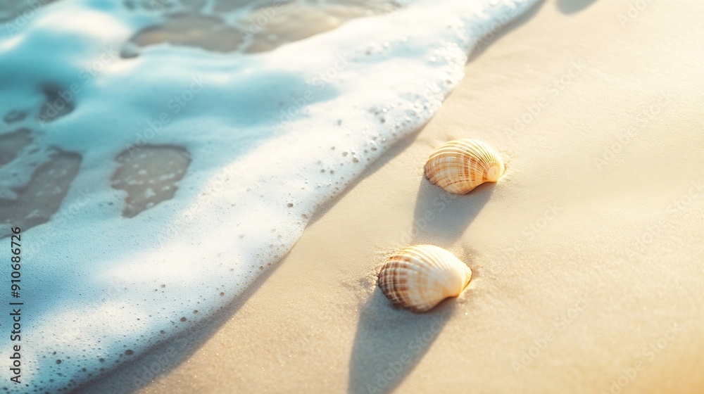 Poster bullet point slide show presentation background beach scene with shells : Generative AI