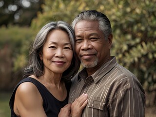 Fototapeta premium Portrait of a couple of black man from Africa and white woman from Asia, individuals of different races