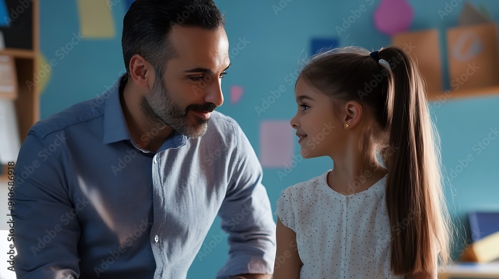 Poster a man teacher stands beside a young girl in a vibrant classroom setting engaging in interactive teac