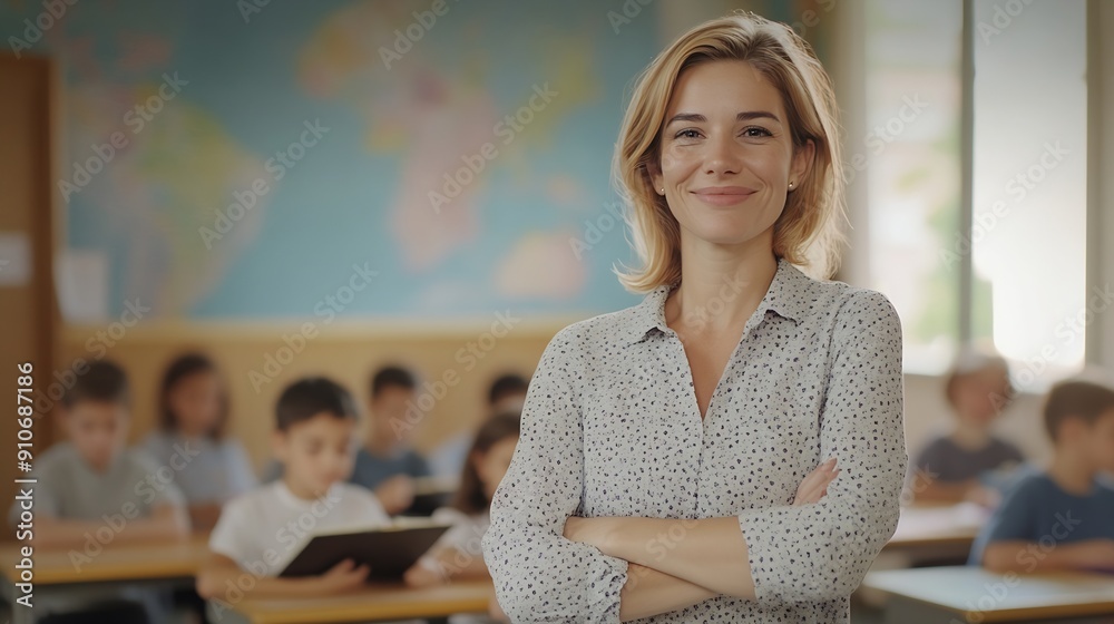 Poster portrait of cheerful european female teacher standing in classroom during lesson with pupils studyin