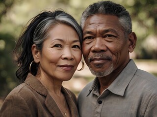 Fototapeta premium Portrait of a couple of black man from Africa and white woman from Asia, individuals of different races