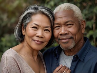 Fototapeta premium Portrait of a couple of black man from Africa and white woman from Asia, individuals of different races