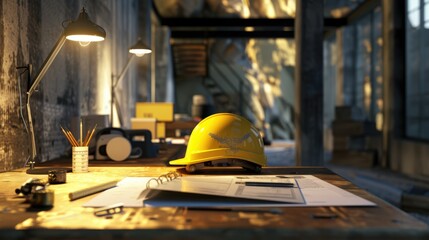 Fototapeta premium Yellow Hard Hat Resting on a Wooden Desk in a Construction Site