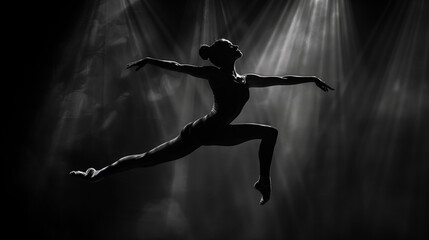 Silhouette of gymnast performing split leap, perfect form, spotlight effect, contrasting dark background