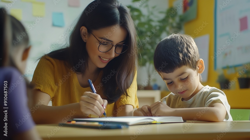 Aufkleber Teacher woman and help child writing in notebook for education study or knowledge in class Kid happy educator and student learning in lesson for development or assistance at kindergart : Generative AI
